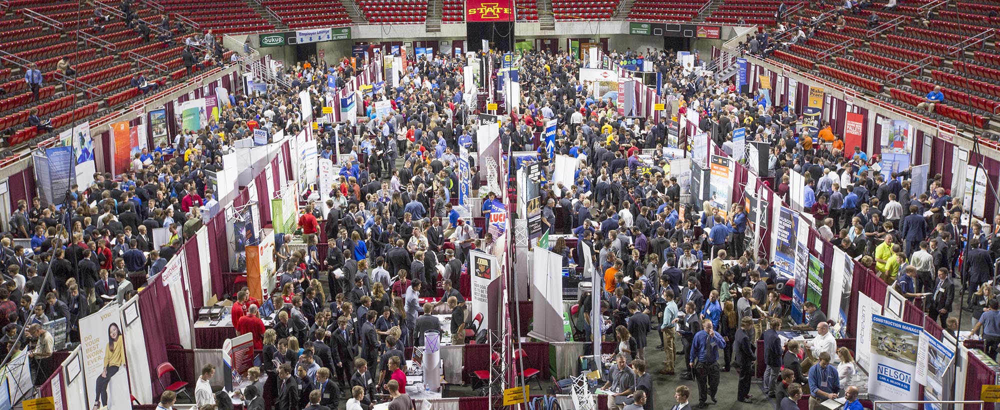 Overhead shot of career fair in Hilton Coliseum