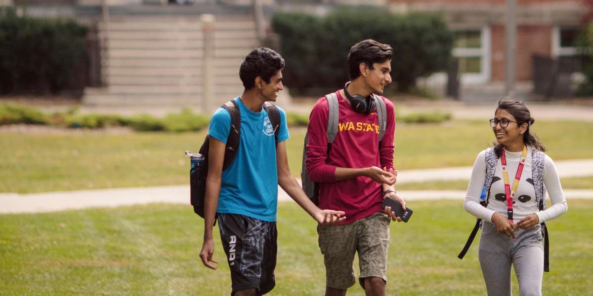Three students walking across the grass