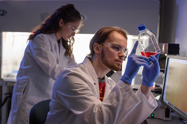 A scientist looks closely at fluid samples in a lab