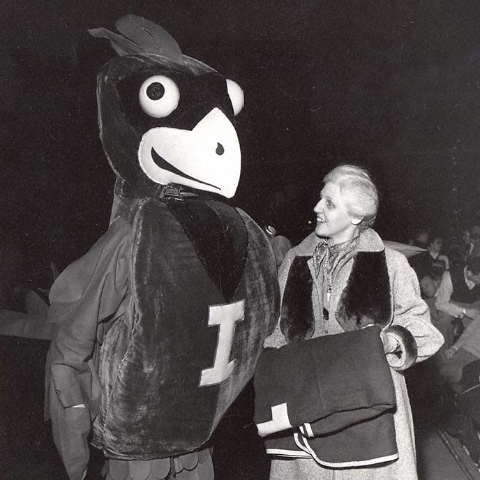 Archived black and white photo of the original Cy mascot