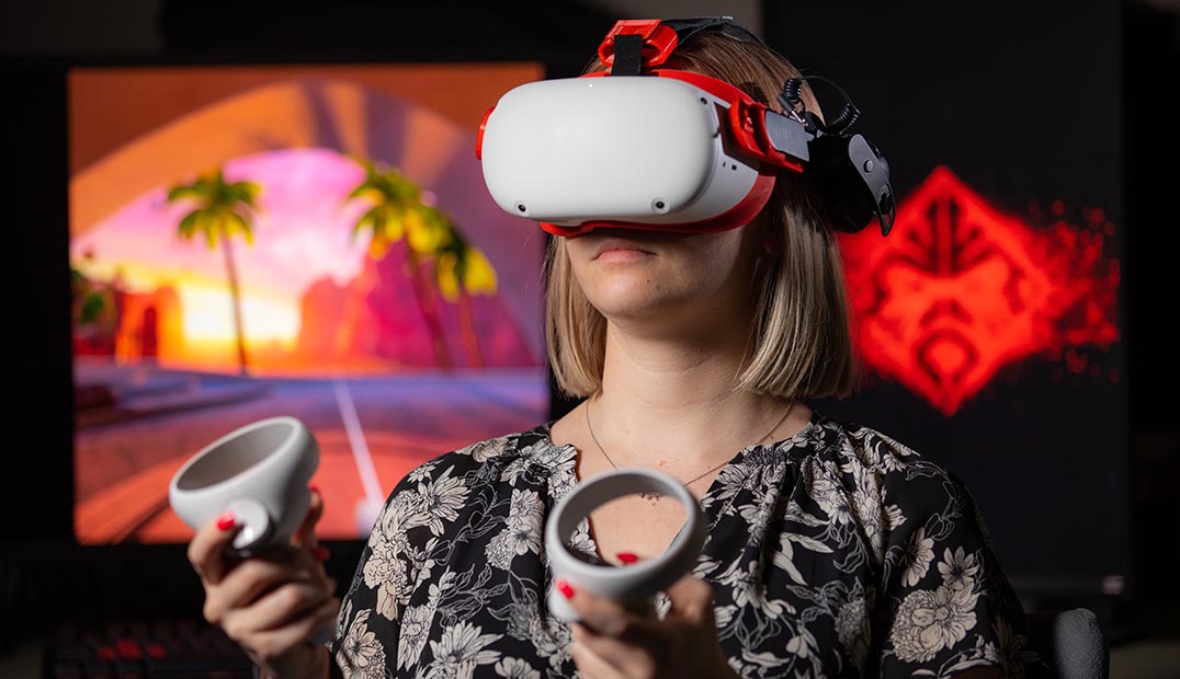 Closeup of a student using and interacting with a virtual reality environment