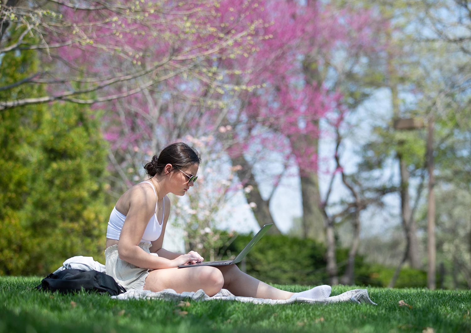 Student sitting on the grass studying on a sunny spring day