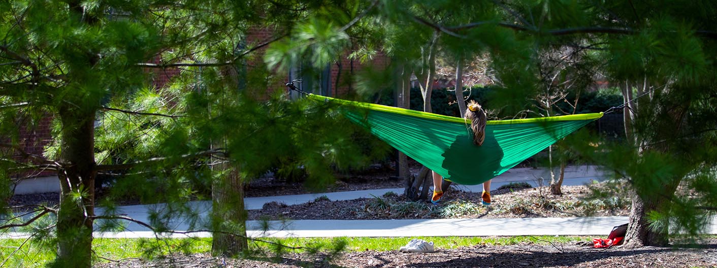 A student relaxes in a hammock on campus
