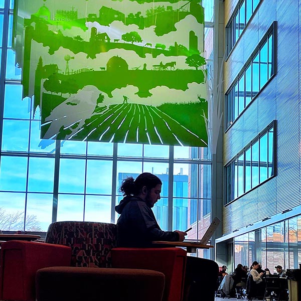 Silhouette of a student studying in the Sukup Building atrium.