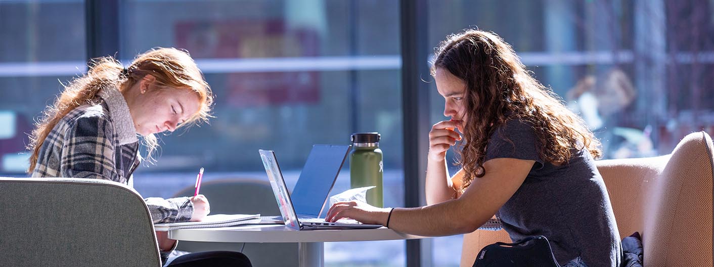 Two students study at a table near a window.