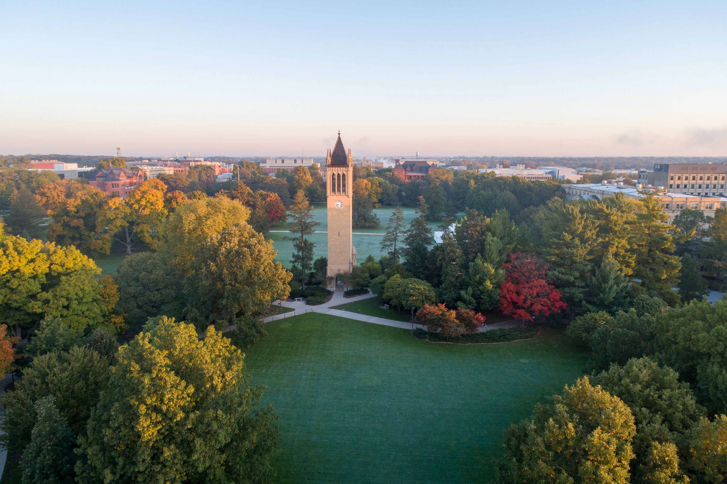 Drone photo of central campus featuring the campanile