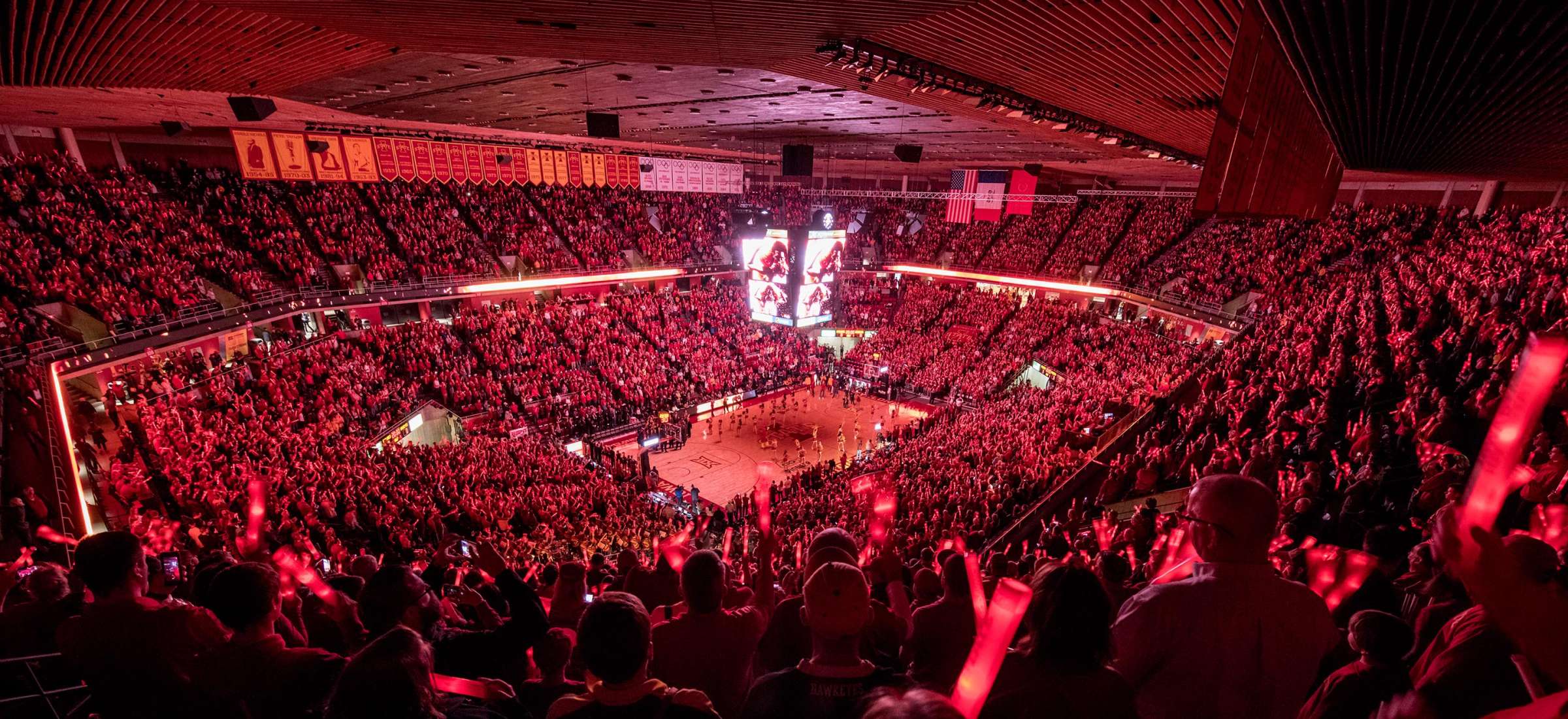 Overhead view of fans at basketball game in Hilton Coliseum.